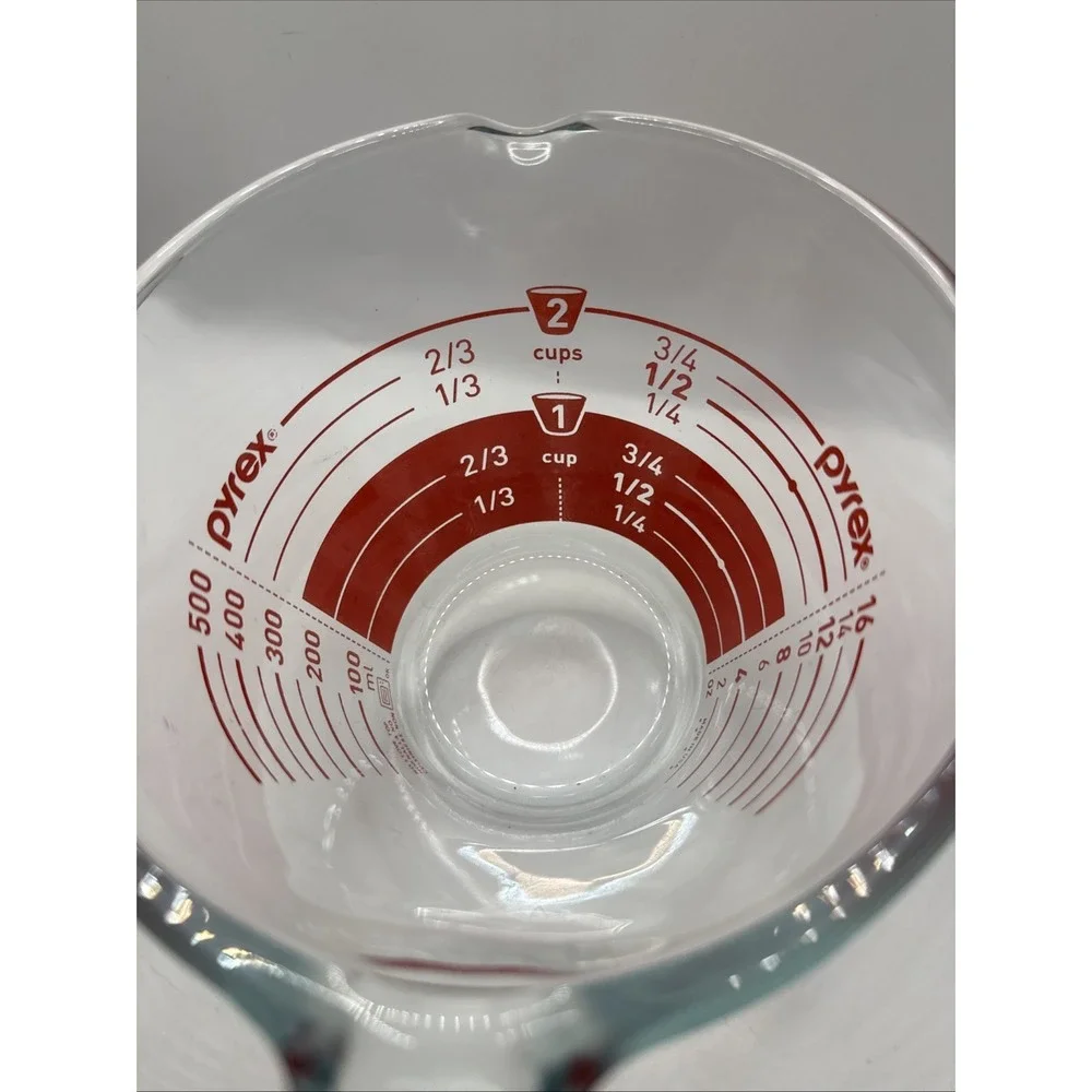 Vintage Pyrex Red Reverse Read 2 Cup Measuring Cup Made in USA Red Lettering
